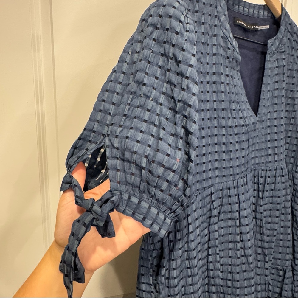 English Factory Blue Textured Midi Dress Puff Sleeve Tie Detail Size M - Picture 3 of 10